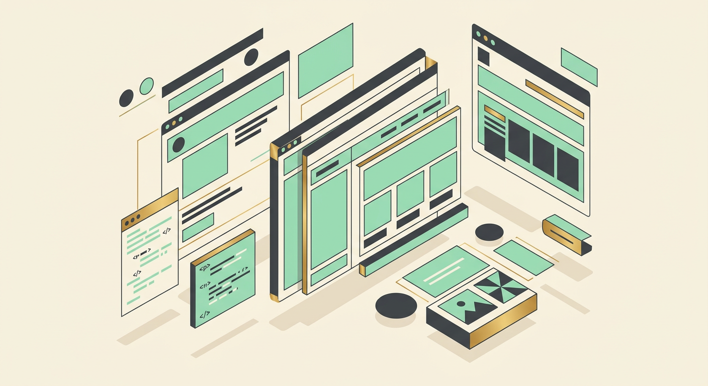 Illustration of website components being assembled